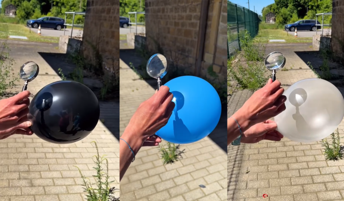 black balloon, blue ballon, transparent balloon with magnifiying glass